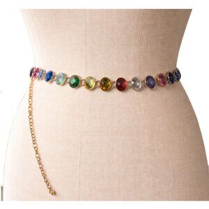 Vintage 80s 90s Gold Chain Belt Rainbow Faceted Cabochon stones Statement belt